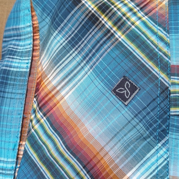 Prana Short Sleeve Button Down Western Style Plaid Size Large in Blue/Brown - Picture 4 of 7